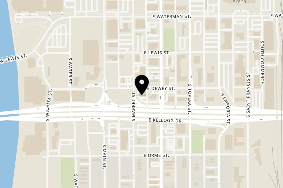 Map showing the location of Doo-Dah Diner on 206 E Kellogg St in Wichita